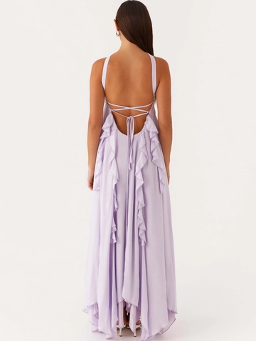 Women Sexy Backless Halter Ruffle Maxi Dress Elegant Solid Color Irregular Hem Chiffon Texture Floor Length Party Vacation Dress
