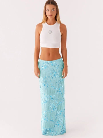 Women Sexy Sequined Floral Embroidery Maxi Skirt Heavy Industry Beaded Mesh Half Length Long Skirt For Party Vacation