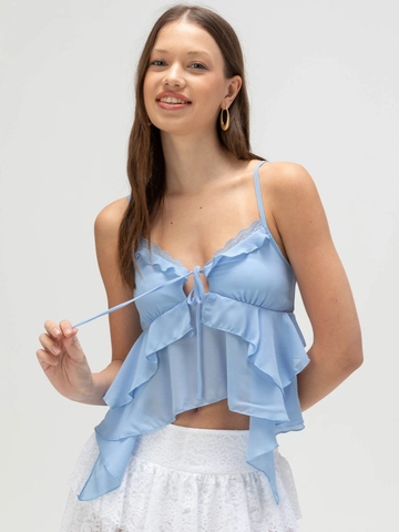 Top a Canotta Donna Sexy con Volant e Spalline Sottili Pizzo Scollo a V Lacci Poliestere Texture Chiffon Crop Top Senza Maniche