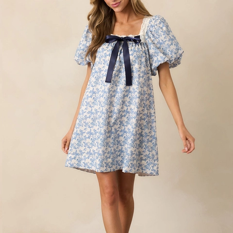 Women Sweet Floral Puff Sleeve Dress Square Neck Lace Trim Bow Mini A-Line Dress Summer Vacation Vintage Style