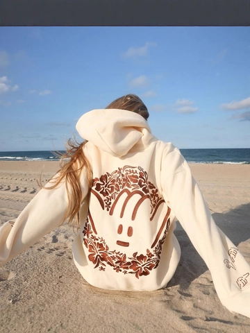 Women Oversized Cream Hoodie Embroidered Hibiscus Floral Smiley Face Drop Shoulder Long Sleeve Pullover Casual Streetwear