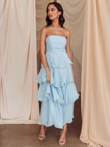 Damen Trägerloses Gestuftes Maxi Kleid Elegant Strukturierte Falten Ärmellos Bandeau Party Hochzeit Sommer Urlaub Langes Kleid