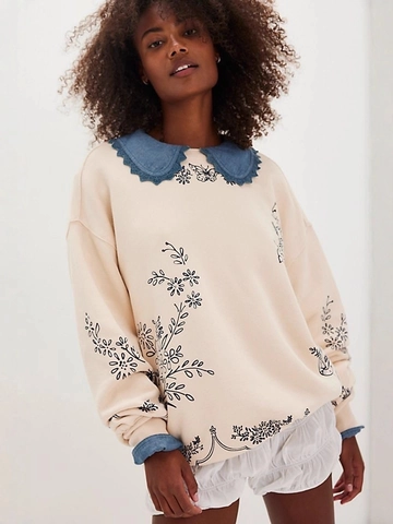 Dames Retro Bloemen Marine Print Lange Mouwen Pullover Sweatshirt Losse Casual Ronde Hals Streetwear Top