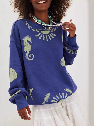 Dames Retro Bloemen Marine Print Lange Mouwen Pullover Sweatshirt Losse Casual Ronde Hals Streetwear Top