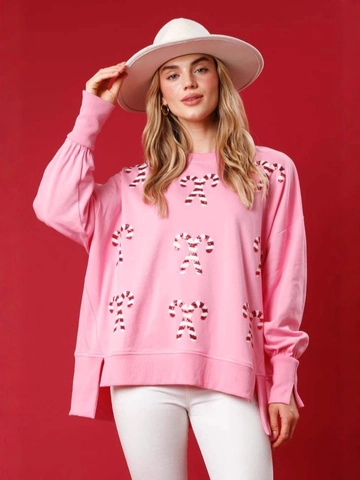 Sudadera de Navidad para Mujer con Lentejuelas de Bastón de Caramelo Cuello Redondo Manga Larga Ajuste Holgado Pullover Festivo