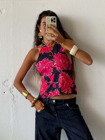 Women Halter Neck Floral Print Crop Top Sexy Streetwear Polyester Bandeau Sleeveless Tube Top Vacation Clubwear Fashion Top