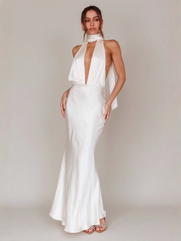Dames Sexy Rugvrij Satin Halter Maxi-jurk Diepe V-hals Mouwloos Bodycon Avondfeest Jurk Met Sjaal Strik