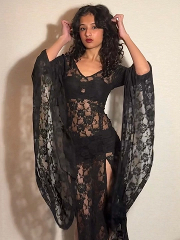 Robe Maxi Sexy en Dentelle Transparente pour Femme Manches Longues Évasées Col en V Fente Latérale Gothique Floral