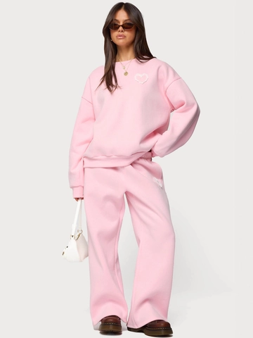 Women Pink Two Piece Lounge Set Lace Heart Patch Round Neck Long Sleeve Sweatshirt And Wide Leg Sweatpants Casual Tracksuit Top And Bottom