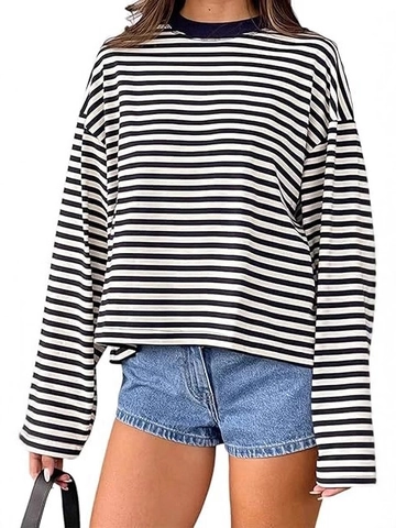Damen American Vintage Gestreiftes Langarm T-Shirt Lose Übergroß Rundhals Lässig Herbst Top Pullover Damen