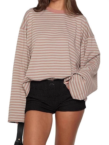 Damen American Vintage Gestreiftes Langarm T-Shirt Lose Übergroß Rundhals Lässig Herbst Top Pullover Damen