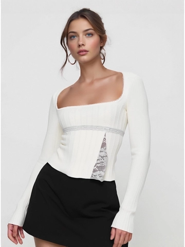 Top da Donna in Maglia a Maniche Lunghe con Scollo Quadrato e Patchwork in Pizzo Aderente Vintage Streetwear per Autunno