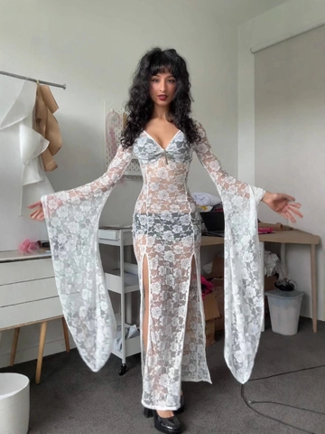 Robe Maxi Sexy en Dentelle Transparente pour Femme Manches Longues Évasées Col en V Fente Latérale Gothique Floral