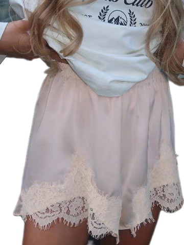 Women's Casual Satin Shorts With Lace Trim Elastic Waist Summer Vacation Spliced Pajama Shorts Solid Color Beach Bottoms