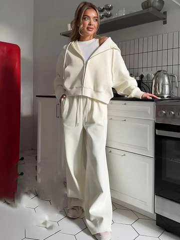 Women Casual Tracksuit Hooded Zipper Sweatshirt And High Waist Wide Leg Pants Cotton Blend Sportswear Outfit Lounge Wear