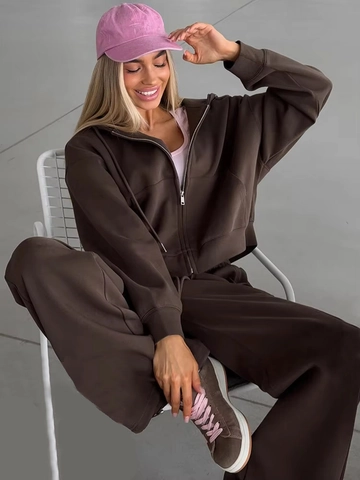 Women Casual Tracksuit Hooded Zipper Sweatshirt And High Waist Wide Leg Pants Cotton Blend Sportswear Outfit Lounge Wear