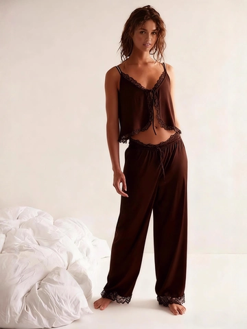 Women Satin Pajama Set Lace Trim Cami Top Wide Leg Pants Two Piece Loungewear Sleepwear Satin Nightwear Home Suit Gift