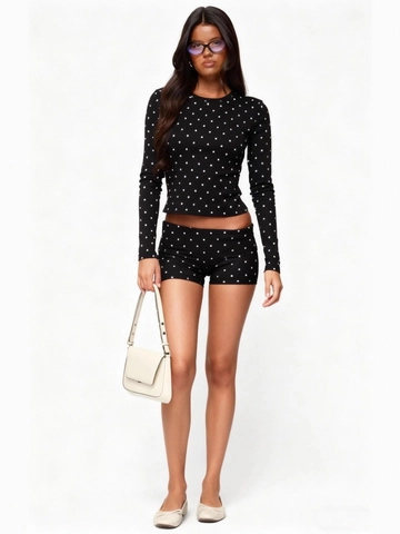 Ensemble Deux Pièces pour Femmes Mode Imprimé à Pois Haut Ajusté à Manches Longues Col Rond Et Short Assorti