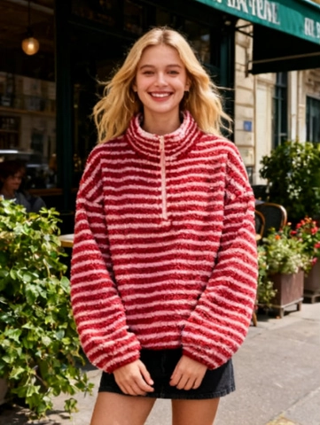Damen Casual Kontrastfarbe Gestreift Halb Reißverschluss Stehkragen Fleece Sweatshirt Locker Langarm Warm Pullover Top