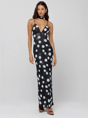 Women's Sexy Polka Dot Maxi Dress Deep V Neck Backless Spaghetti Strap Slim Fit Summer Long Dress With Choker Jewelry