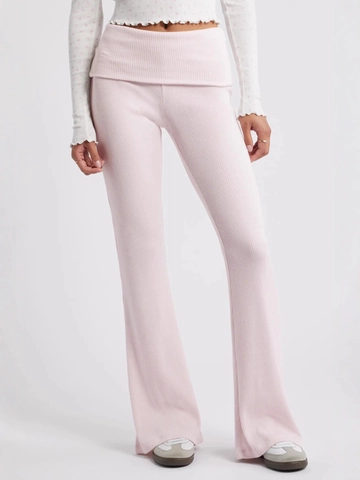 Pantaloni a Zampa in Maglia a Costine da Donna Vita Alta con Risvolto Comodi Elastici Tinta Unita Gamba Larga per il Tempo Libero