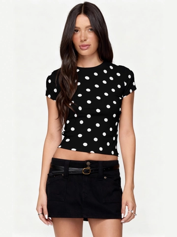 Vintage Polka Dot Print Slim Fit Crew Neck T-Shirt For Women Retro Short Sleeve Pullover Summer Casual Streetwear Fashion Top