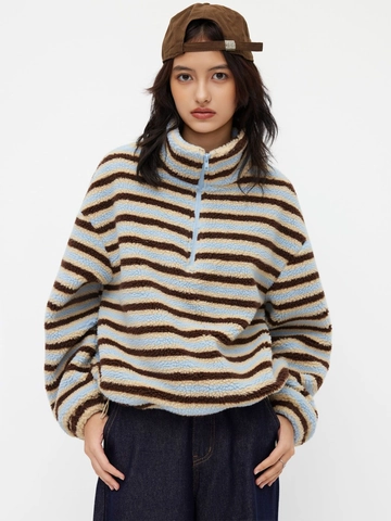 Damen Casual Kontrastfarbe Gestreift Halb Reißverschluss Stehkragen Fleece Sweatshirt Locker Langarm Warm Pullover Top