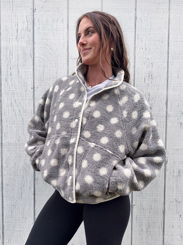 Damen Polka Dot Sherpa Jacke Casual Fleece Langarm Stehkragen Einreihig Oberbekleidung Warmer Wintermantel