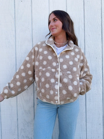 Damen Polka Dot Sherpa Jacke Casual Fleece Langarm Stehkragen Einreihig Oberbekleidung Warmer Wintermantel