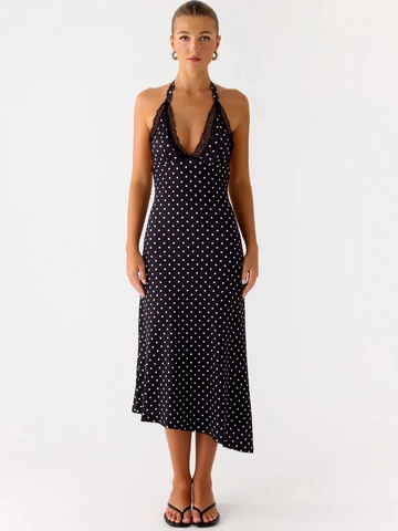 Polka Dot Print Halter Dress With Lace Trim Backless High Waist Slimming Irregular Hem Short Dress For Women Party