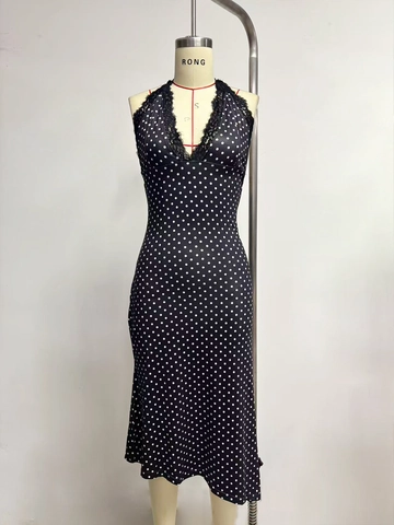 Polka Dot Print Halter Dress With Lace Trim Backless High Waist Slimming Irregular Hem Short Dress For Women Party