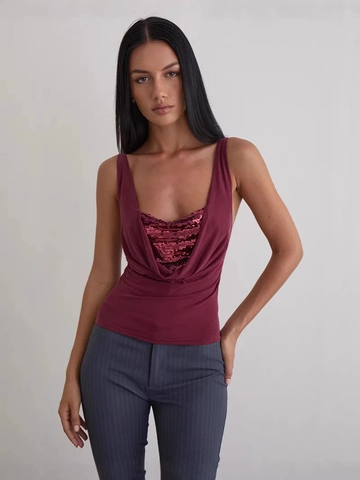 Women Sexy Sequin Cowl Neck Sleeveless Cami Tank Top Slim Fit Backless Adjustable Strap Polyester Party Clubwear Top