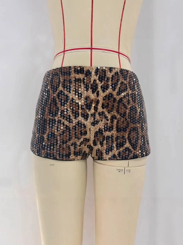 Pantaloncini Leopardati con Paillettes Donna Sexy Vita Bassa Microelastici Poliestere Hot Pants Lucidi per Party Club
