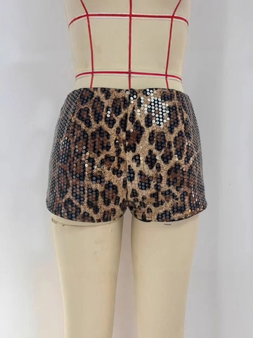 Pantaloncini Leopardati con Paillettes Donna Sexy Vita Bassa Microelastici Poliestere Hot Pants Lucidi per Party Club