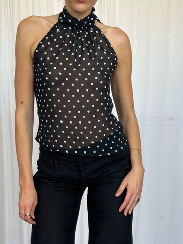 Sexy Polka Dot Halterneck Top Women Backless Sleeveless Sheer Polyester Slim Fit Summer Streetwear Party Crop Top Black