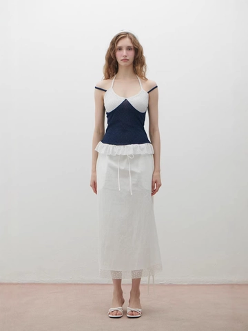 Conjunto de Top Halter de Lunares y Falda Maxi Retro Azul Marino Blanco Patchwork Dobladillo con Volante Espalda Descubierta Dos Piezas Mujer