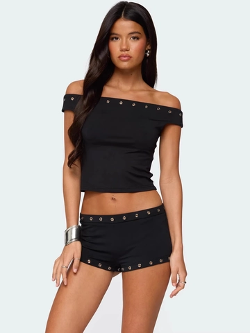 Women Off-the-Shoulder Grommet Top And Bottom Sexy Slim Fit Streetwear Casual Polyester Spandex Two-Piece Outfit