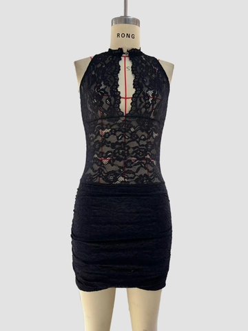Vestito Mini Sexy in Pizzo Nero con Scollatura all'Americana per Donna Vedo non Vedo Bodycon Increspato Abito da Festa