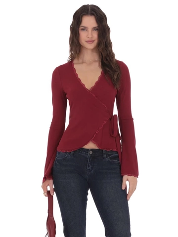 Women Sexy V-Neck Lace Trim Wrap Polyester Top Slim Fit Long Sleeve Elegant Tie Waist Solid Color Ribbed T-Shirt For Women