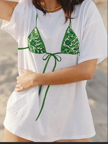 Damen Sexy Bikini Grafikmuster Druck T-Shirt Lose Rundhals Kurzarm Strand Urlaub Sommer Casual Grafik Top