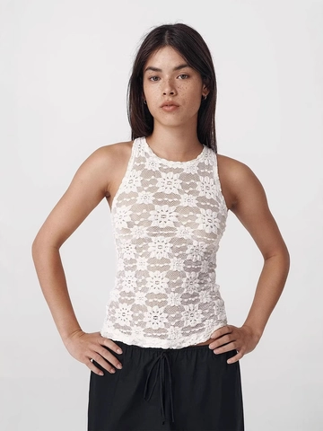 Débardeur Femme Sexy Blanc Dentelle Florale Ajouré Sans Manches Coupe Slim Col Rond Crochet Été Plage Cami Top
