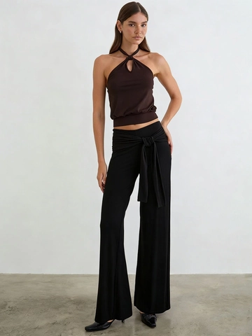 Damen Casual Zwei-Teiler Outfit Neckholder Crop Top Und Hohe Taille Weite Hose Einfarbig Streetwear Kombination