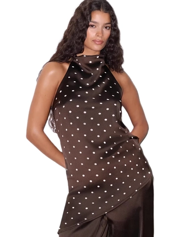 Top de Lunares para Mujer con Cuello Halter y Espalda al Aire Sexy Estilo Francés Chaleco de Satén Poliéster Top de Fiesta