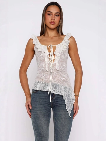Top de Camisola Sexy con Cordones y Volantes para Mujer Espalda Descubierta Encaje Floral Dobladillo Irregular Transparente Sin Mangas