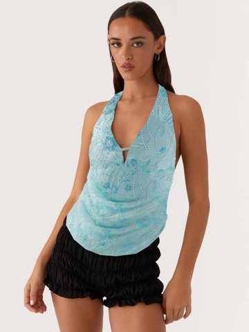 Women Halter Backless Top Sequin Floral Embroidery Deep V Neck Sexy Party Sleeveless Camisole Night Club Summer Vest