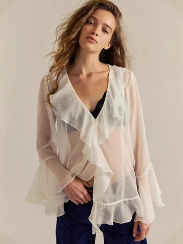 Damen Sexy V-Ausschnitt Transparent Bluse Vintage Rüschen Glockenärmel Durchsichtig Chiffon Hemd Elegant Einfarbig Pullover Top