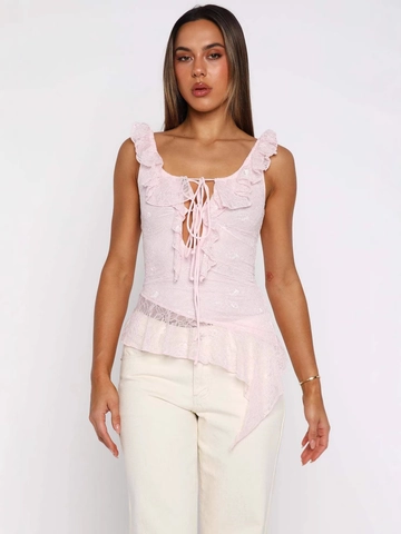 Top de Camisola Sexy con Cordones y Volantes para Mujer Espalda Descubierta Encaje Floral Dobladillo Irregular Transparente Sin Mangas
