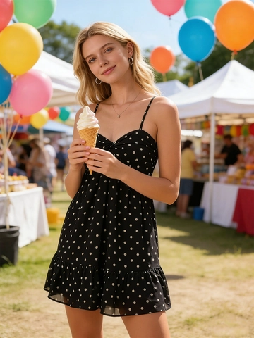 Französischer Stil Polka Dot Spaghettiträger Kleid Damen Sexy Rückenfrei U-Ausschnitt Volant-Saum Hohe Taille Sommer Mini Kleid