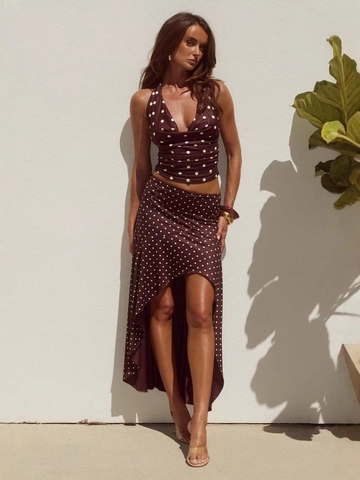 Damen Polka Dot Zweiteiler Neckholder Tiefer V-Ausschnitt Gerafftes Crop Top Und Asymmetrischer Rock Mit Hoher Taille Urlaub Outfit