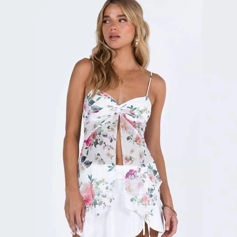 Top Sexy con Spalline Sottili e Stampa Floreale Chiffon Spacco Frontale Corto Tank Top Estate Vacanza Casual Senza Schiena